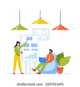 Business Presentation or Coworking Project Development Concept with Characters in Office, Financial Consultation at Board with Data Statistics Charts and Graphs. Cartoon People Vector Illustration