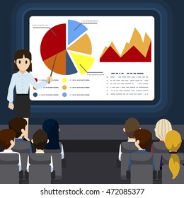Business presentation creative flat style concept vector illustration, businesswoman making presentation, standing near display board with chart, audience, for covers and posters