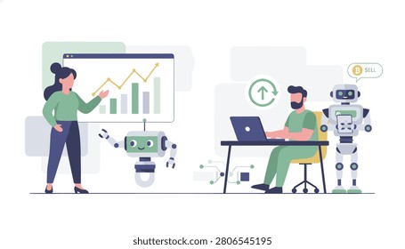 Business presentation and data analysis being automated by intelligent robots in a modern office environment.