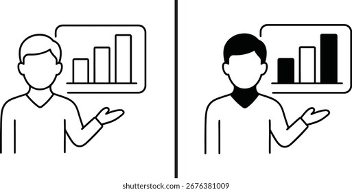 Business Presentation and Data Analysis Symbol: A Set of Icons of a Person Presenting a Bar Chart for Corporate and Financial Concepts

