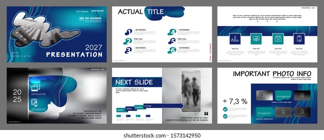 Presentación empresarial diseño degradado azul, elementos infográficos sobre fondo blanco.Edificios y arquitectura de personas en la ciudad Vector presentación de diapositivas de proyecto de negocio de marketing diseño web de proyectos de negocio
