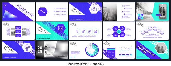 Business presentation design blue hexagons, infographic elements on white background. Buildings and architecture people in the city. Vector slide presentation of business project, marketing web design