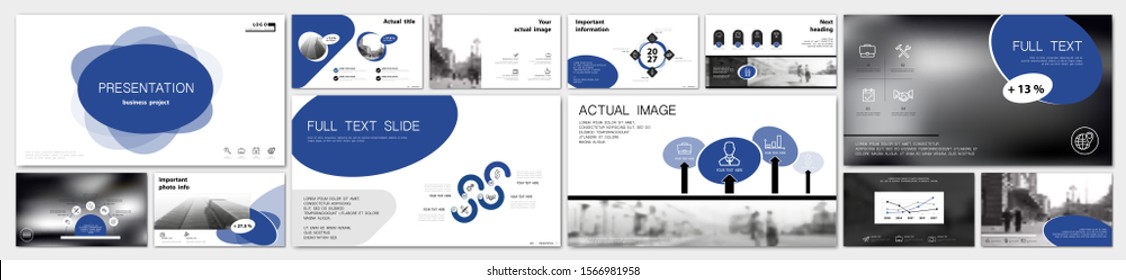 Business presentation design blue ovals, infographic elements on white background. Buildings and architecture, people in the city. Vector slide presentation of business project, marketing, web design