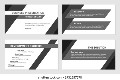 Business presentation design template. Development process, solution, research and review. Simple flat oblique lines, triangles, black and white color, 4 slides. Modern corporate document.