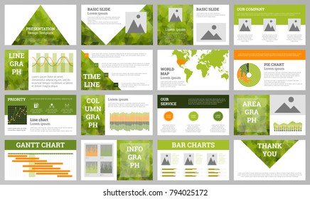 Business presentation design template. Green ecology theme slides. Polygonal geometric design.