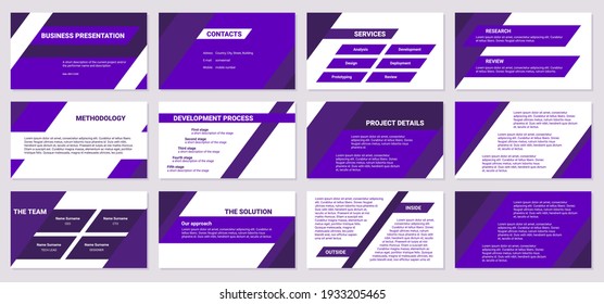 Business presentation design template. Project details, services, team, research and review. Simple flat oblique lines, triangles, purple color, 12 slides. Modern corporate document.