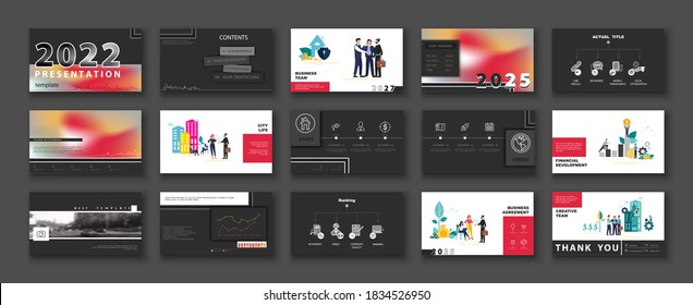 Business presentation, design template of red gradient infographic elements, black background. A team of people creates new technologies. Financial teamwork in the city. Use in flyers marketing, SEO