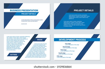 Plantilla de diseño de presentación comercial. Líneas oblicuas planas, triángulos, color azul, 4 diapositivas. Documento corporativo moderno.