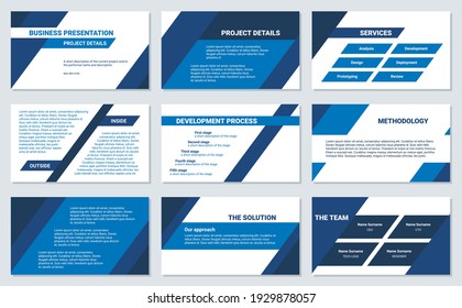 Business presentation design template. Simple flat oblique lines, triangles, blue color, 9 slides. Modern corporate document.