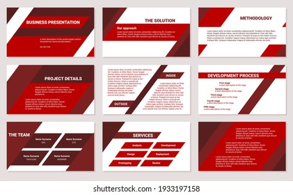 Business presentation design template. Simple flat oblique lines, triangles, red color, 9 slides. Modern corporate document.