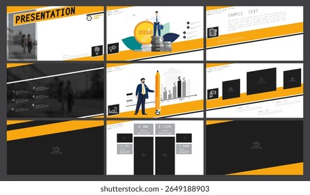 Modelos de design de apresentação de negócios, elementos amarelos e pretos em fundo branco. Empresário com finanças para 2026. Use em folhetos, powerpoint, infográficos, relatório anual. Ilustração vetorial
