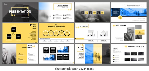 Business presentation design yellow and blue, infographic elements on white background.Buildings and construction of people in the city Vector slideshow of web design marketing business project quote
