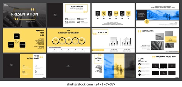 Diseño de presentación de negocios amarillo y azul, elementos infográficos sobre fondo blanco. Edificios y construcción de personas en la ciudad Diseño web, marketing, powerpoint, proyecto empresarial. Vector