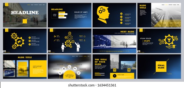 Business presentation design yellow, infographic elements on blue background. Buildings and construction, people in the city.Web Slideshow Web Design Marketing, Business Project, graphic Annual Report