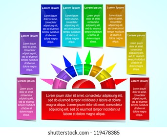 Business Presentation Diagram with eight different colored fields for text and statistics