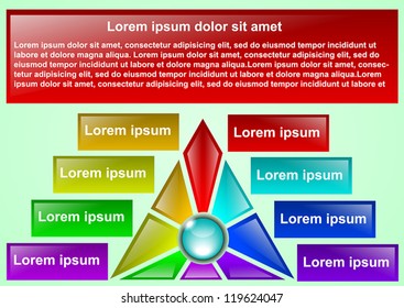 Business Presentation Diagram with eight different colored fields for text and statistics