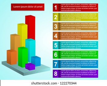 Business Presentation Diagram with eight different colored fields for text and statistics
