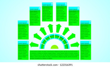 Business Presentation Diagram with eight different colored fields for text and statistics