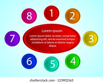 Business Presentation Diagram with eight different colored fields for text and statistics