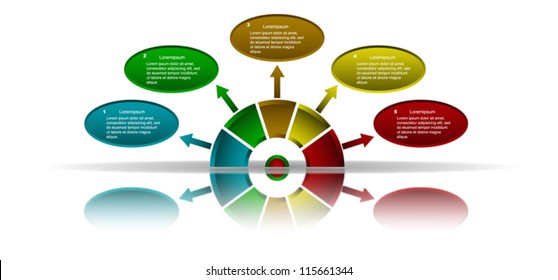Business Presentation Diagram with five different colored fields for text and statistics