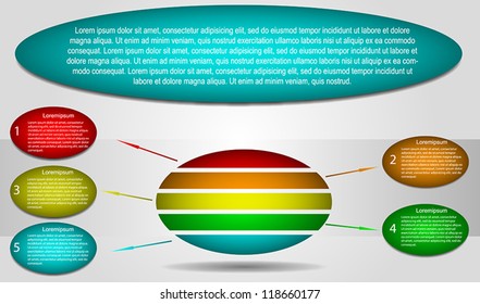 Business Presentation Diagram with five  different colored fields for text and statistics