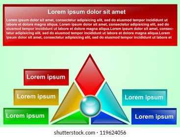 Business Presentation Diagram with five different colored fields for text and statistics