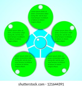 Business Presentation Diagram with five different colored fields for text and statistics