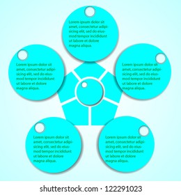 Business Presentation Diagram with five different colored fields for text and statistics