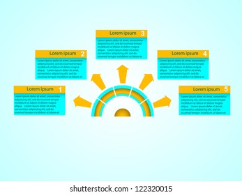 Business Presentation Diagram with five different colored fields for text and statistics