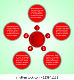 Business Presentation Diagram with five different colored fields for text and statistics