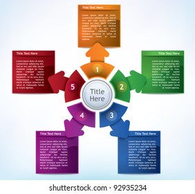 Business Presentation Diagram with five different colored fields for text and statistics