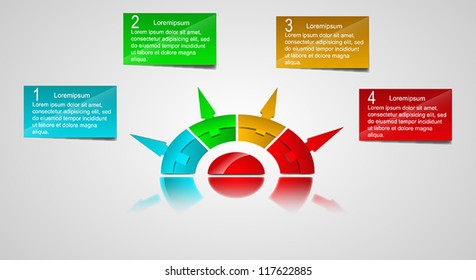 Business Presentation Diagram with four different colored fields for text and statistics