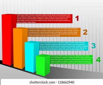 Business Presentation Diagram with four different colored fields for text and statistics