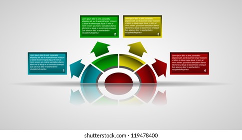Business Presentation Diagram with four different colored fields for text and statistics