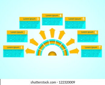 Business Presentation Diagram with seven different colored fields for text and statistics