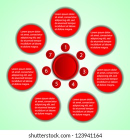 Business Presentation Diagram with seven different colored fields for text and statistics