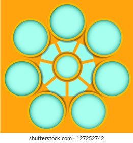 Business Presentation Diagram with seven different colored fields for text and statistics