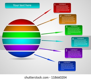 Business Presentation Diagram with six  different colored fields for text and statistics