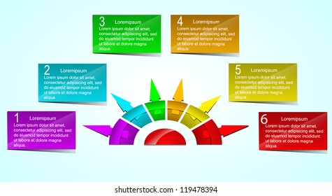 Business Presentation Diagram with six different colored fields for text and statistics