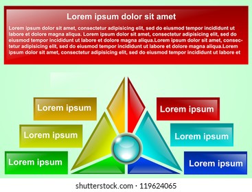 Business Presentation Diagram with six different colored fields for text and statistics