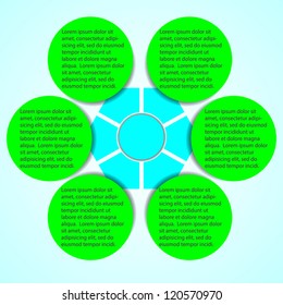 Business Presentation Diagram with six different colored fields for text and statistics