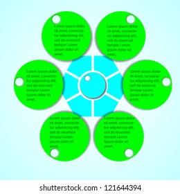 Business Presentation Diagram with six different colored fields for text and statistics