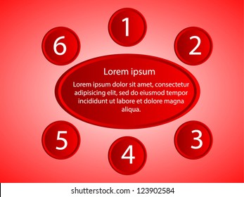 Business Presentation Diagram with six different colored fields for text and statistics