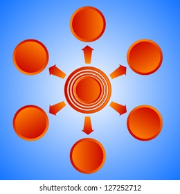 Business Presentation Diagram with six different colored fields for text and statistics