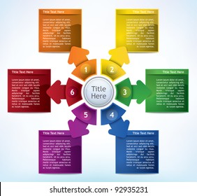 Business Presentation Diagram with six different colored fields for text and statistics