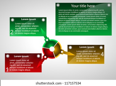 Business Presentation Diagram with three different colored fields for text and statistics