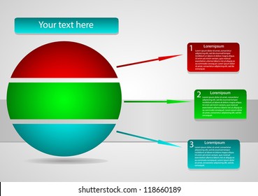 Business Presentation Diagram with three  different colored fields for text and statistics