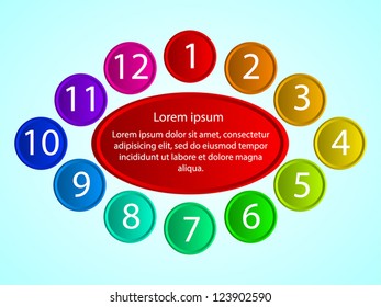 Business Presentation Diagram with twelve different colored fields for text and statistics