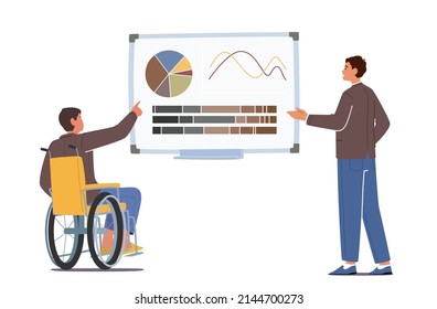 Business Presentation with Disabled Businessman Character on Seminar in Office, Trainer Give Financial Consultation at Board with Data Statistics Charts and Graphs. Cartoon People Vector Illustration