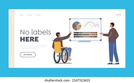 Business Presentation with Disabled Person Landing Page Template. Handicapped Businessman Character on Seminar in Office, Trainer Give Financial Data on Board. Cartoon People Vector Illustration